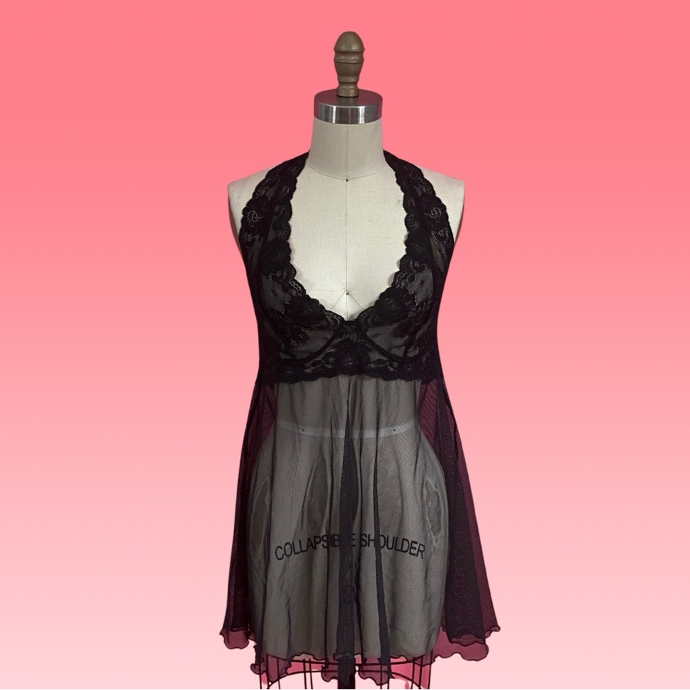 Fairy GothLite Witchy Black Stretch Lace Empire Waist Baby doll Halter Top M